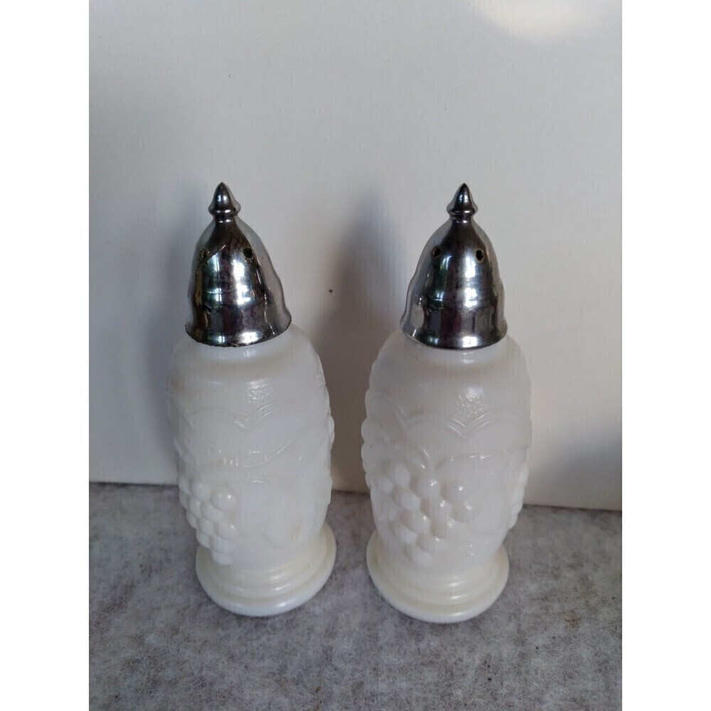 White Imperial Footed Milk Glass Salt & Pepper Shakers Grape Pattern Very Good
